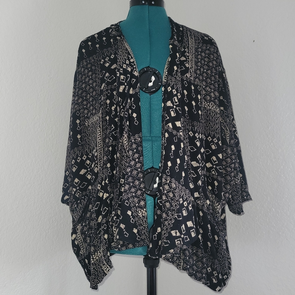 Ecote Open Front Kimono Oversized Black Cream Boho Artsy Patchwork Women XS